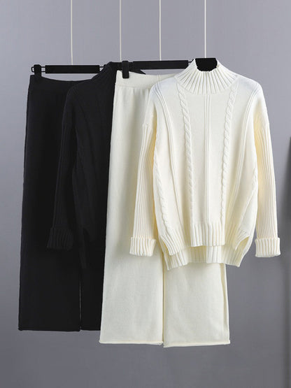 xakxx Loose Long Sleeves Split-Side Solid High-Low Half Turtleneck Sweater Tops & Wide Leg Pants Two Pieces Set