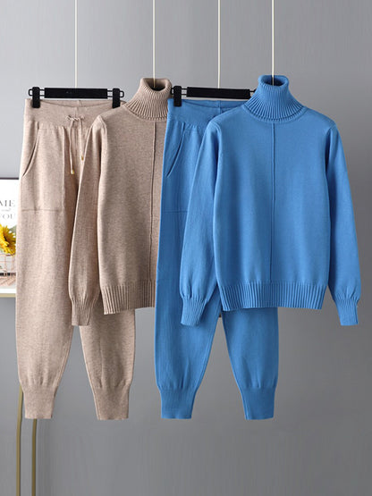 xakxx Casual Solid Long Sleeves High-Neck Sweater Tops & Drawstring Wide Leg Pants Suits