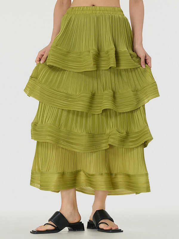 xakxx Loose Elasticity Layered Pleated Ruffled Solid Color Skirts Bottoms