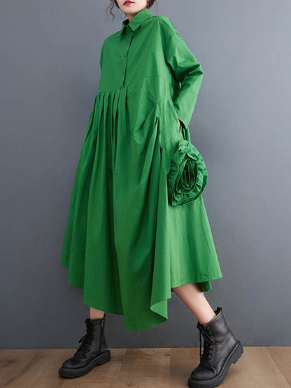 xakxx Urban Floral Applique Pleated Long Sleeves Shirt Dress Midi Dress