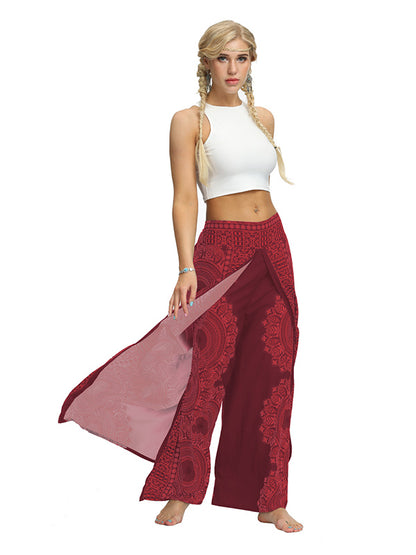 xakxx Ethnic Printed Split-Joint Loose Casual Wide-Leg Yoga Pants