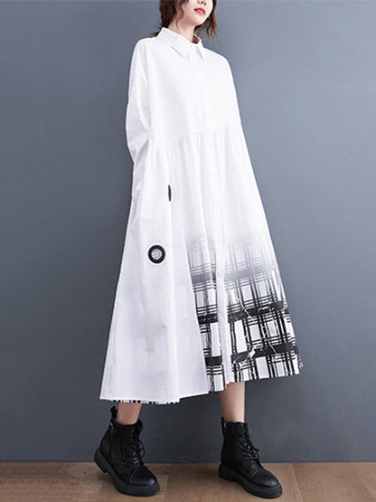 xakxx A-Line Long Sleeves Buttoned Gradient Plaid Lapel Midi Dresses