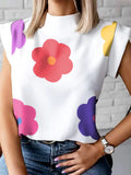 xakxx Cap Sleeve Floral Printed High-Neck T-Shirts Tops