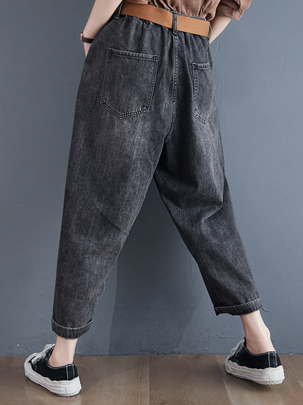 xakxx Artistic Retro Loose Velvet Elasticity Belted Jean Pants