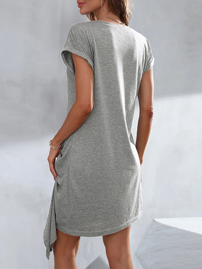 xakxx Casual Short Sleeves Pleated Round-Neck Gray Mini Dress