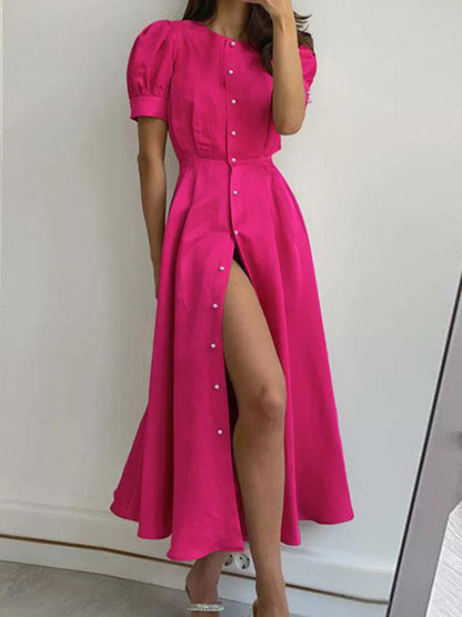 xakxx High Waisted Loose Buttoned Round-Neck Midi Dresses