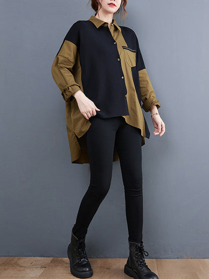 xakxx Artistic Retro Loose Split-Joint With Pocket Buttoned Lapel Collar Long Sleeves False Two Blouse