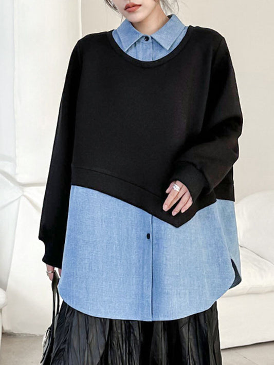 xakxx False Two Long Sleeves Asymmetric Buttoned Contrast Color Split-Joint Lapel Sweatshirt Tops