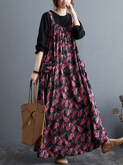 xakxx Artistic Retro Ramie Cotton Loose 3 Colors Floral Printed Square-Neck Sleeveless Strap Dress