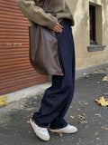 xakxx Casual Loose Wide Leg Solid Color Jean Pants Bottoms