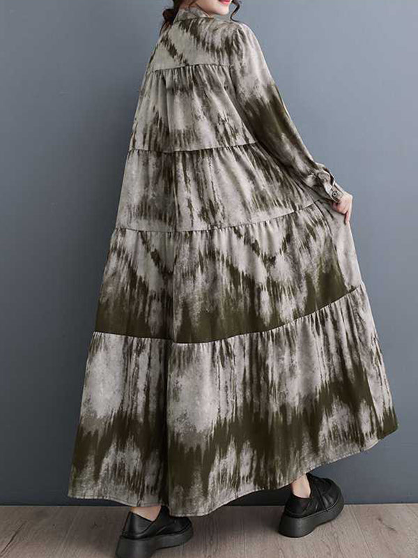 xakxx A-Line Long Sleeves Pleated Printed Split-Joint Stand Collar Midi Dresses