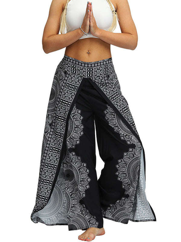 xakxx Ethnic Printed Split-Joint Loose Casual Wide-Leg Yoga Pants