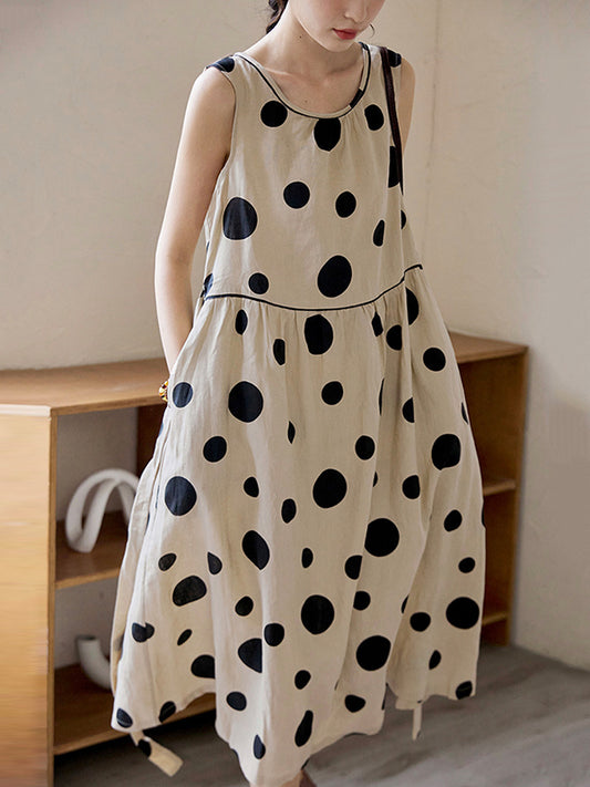 xakxx Loose Sleeveless Contrast Color Pleated Polka-Dot Split-Joint Tied Waist Round-Neck Midi Dresses