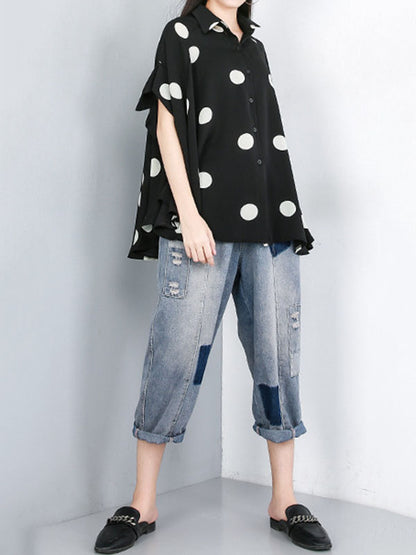 xakxx Batwing Sleeves High-Low Polka-Dot Lapel Blouses&Shirts Tops