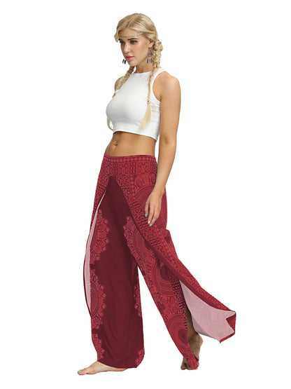 xakxx Ethnic Printed Split-Joint Loose Casual Wide-Leg Yoga Pants