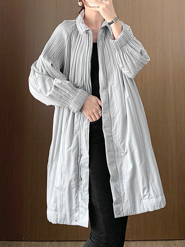 xakxx Long Sleeves Loose Pleated Quilted Solid Color Zipper Asymmetric Collar Padded Coat