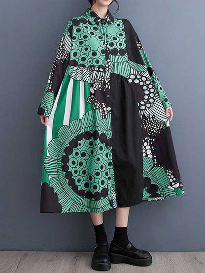 xakxx A-Line Long Sleeves Asymmetric Buttoned Printed Split-Joint Lapel Midi Dresses Shirt Dress