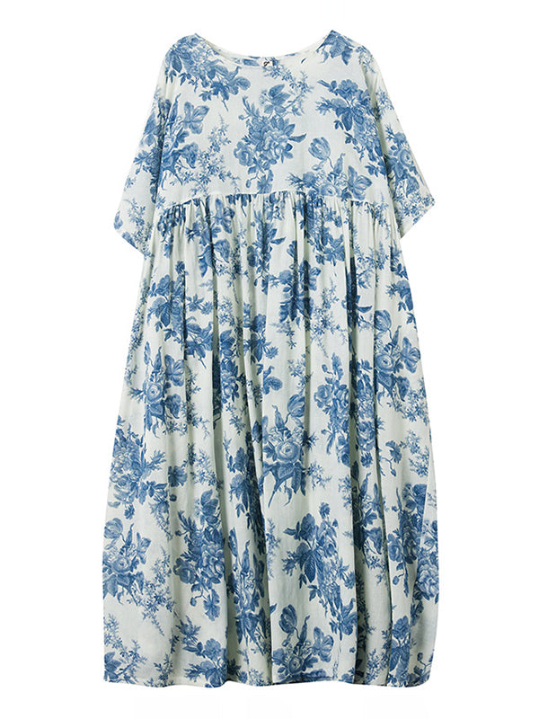 xakxx Loose Short Sleeves Floral Printed Pleated Split-Joint Round-Neck Midi Dresses