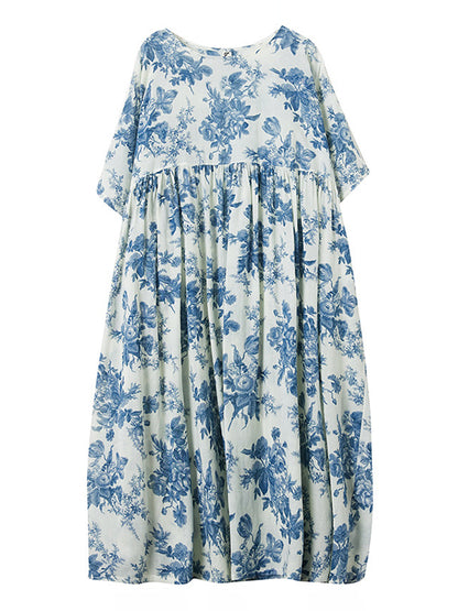 xakxx Loose Short Sleeves Floral Printed Pleated Split-Joint Round-Neck Midi Dresses