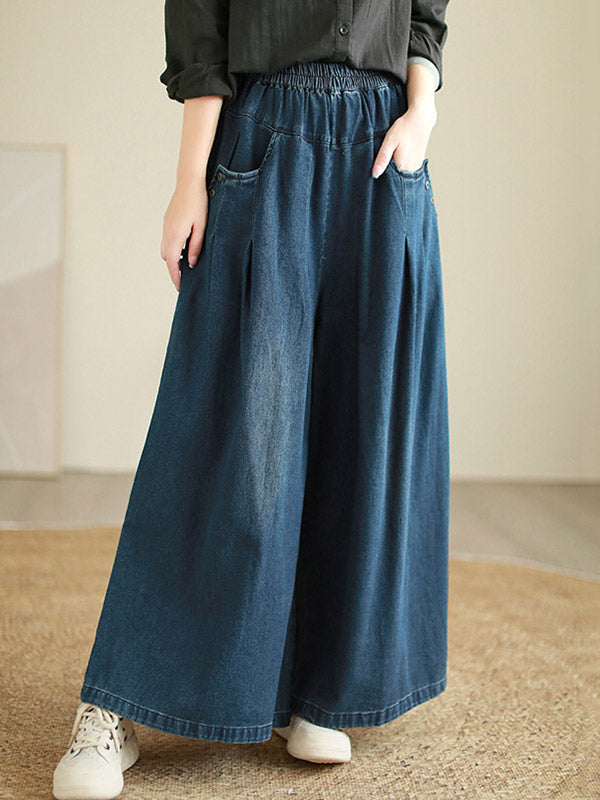 xakxx Loose Wide Pants Elasticity Pleated Flared Trousers Jean Pants Bottoms