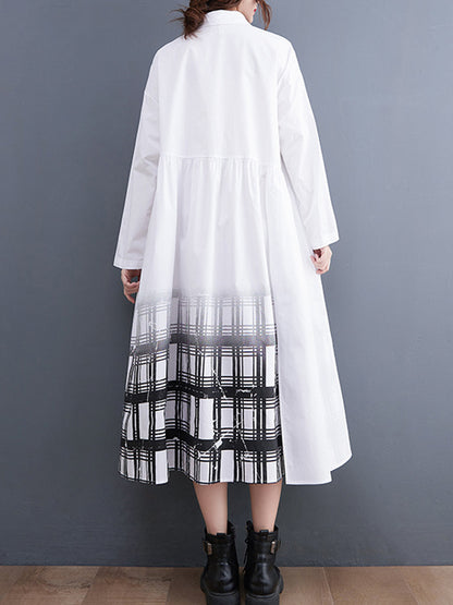 xakxx A-Line Long Sleeves Buttoned Gradient Plaid Lapel Midi Dresses