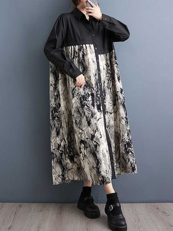 xakxx A-Line Long Sleeves Asymmetric Buttoned Printed Split-Joint Lapel Midi Dresses Shirt Dress