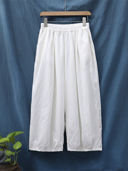 xakxx Simple Loose Linen Solid Color Pleated Drawstring Wide Legs Knickerbockers