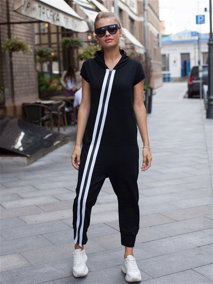 xakxx Fashion Stripes Zipper Hooded Jumpsuits