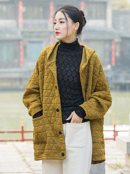 xakxx Casual Long Sleeves Loose Buttoned Keep Warm Solid Color Hooded Padded Coat