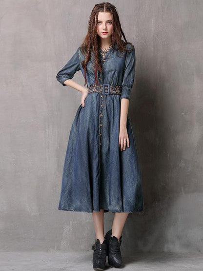 xakxx Vintage Embroidered Cropped Denim Dress