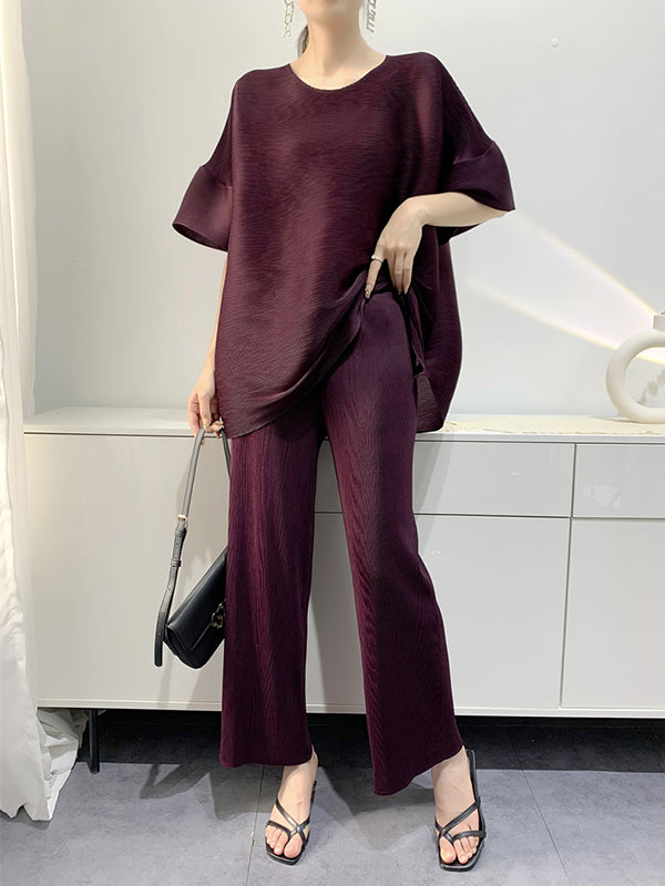 xakxx Elastics Pleated Solid Color Round-Neck T-Shirt + Wide Leg Pants Two Pieces Set