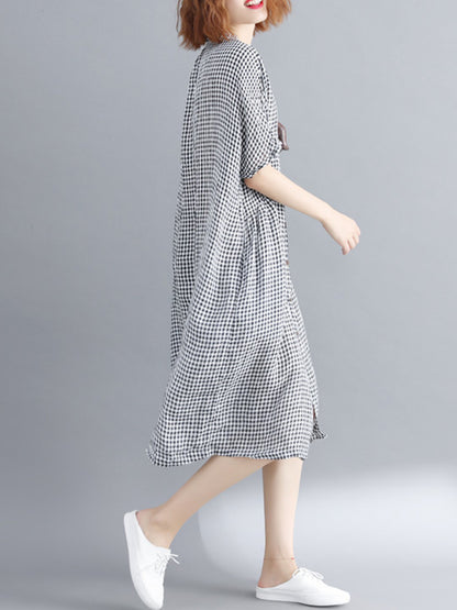 xakxx Artistic Retro Loose Split-Joint Plaid Buttoned Stand Collar Half Sleeves Midi Dress