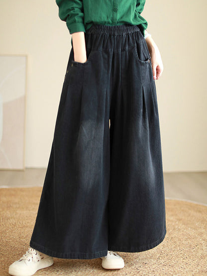 xakxx Loose Wide Pants Elasticity Pleated Flared Trousers Jean Pants Bottoms