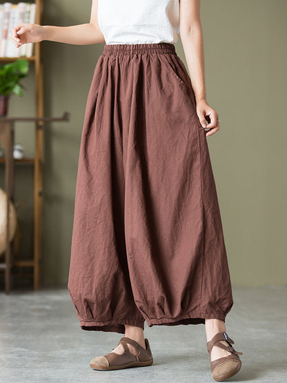 xakxx Simple Loose Linen Solid Color Pleated Drawstring Wide Legs Knickerbockers