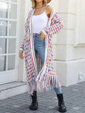 xakxx Long Sleeves Loose Plaid Tasseled Collarless Cardigan Tops