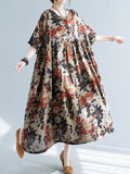 xakxx Loose Puff Sleeves Floral Printed Round-Neck Midi Dresses