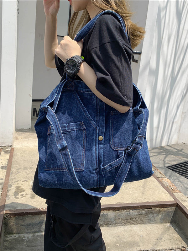 xakxx Casual Denim Split-Joint Solid Color Bags Accessories