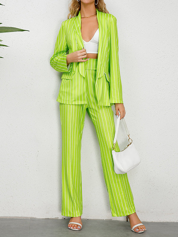 xakxx Long Sleeves Striped Lapel Blazer Top + Wide Leg Pants Bottom Two Pieces Set