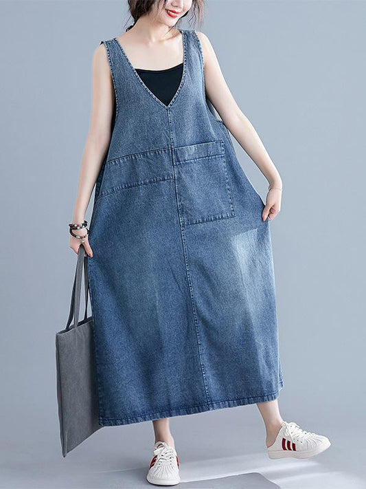 xakxx Loose Sleeveless Denim V-Neck Midi Dress