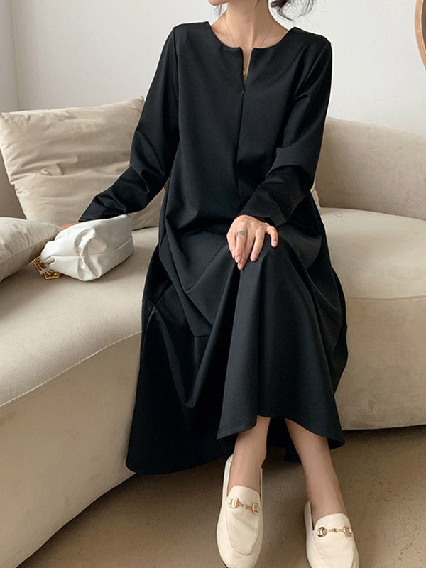 xakxx A-Line Long Sleeves Hollow Solid Color V-Neck Midi Dresses