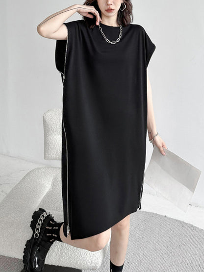 xakxx Loose Short Sleeves Asymmetric Zipper Round-Neck Dresses Midi Dresses