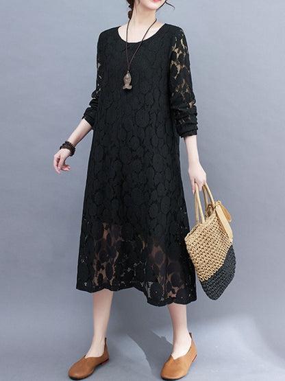 xakxx A-Line Long Sleeves Hollow Round-Neck Midi Dresses