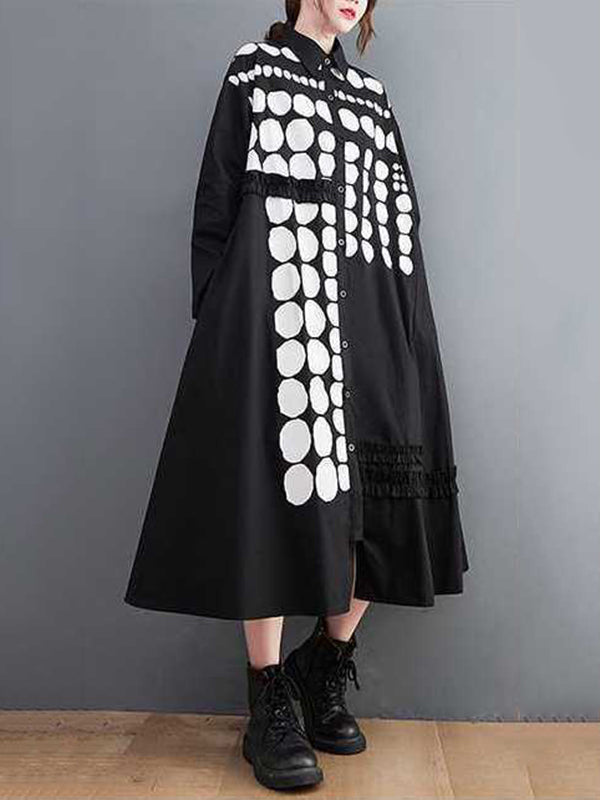 xakxx A-Line Long Sleeves Asymmetric Buttoned Polka-Dot Lapel Midi Dresses