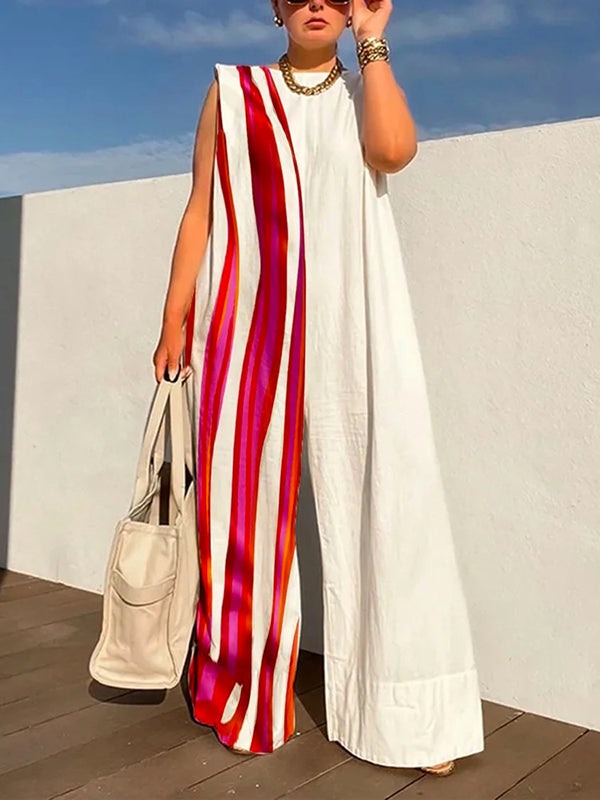 xakxx Sleeveless Wide Leg Contrast Color Printed Striped Jumpsuits