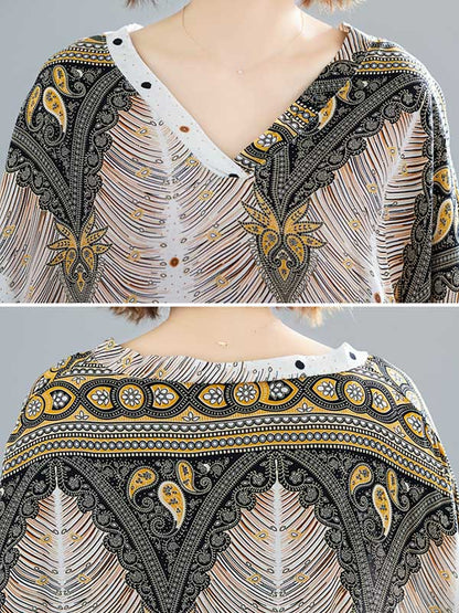 xakxx Ethnic Printed Plus Size V-Neck Batwing Sleeve Maxi Dress