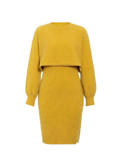 xakxx Long Sleeves Solid Color Round-Neck Sweater Top + Inner Dress Two Pieces Set