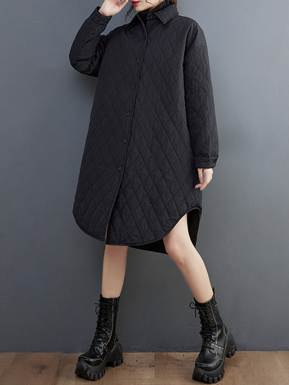 xakxx Simple Loose Rhombic Belted Solid Color Lapel Padded Coat