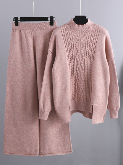 xakxx Urban Loose Split-Side Half Turtleneck Sweater Tops& Wide Leg Pants Two Pieces Set