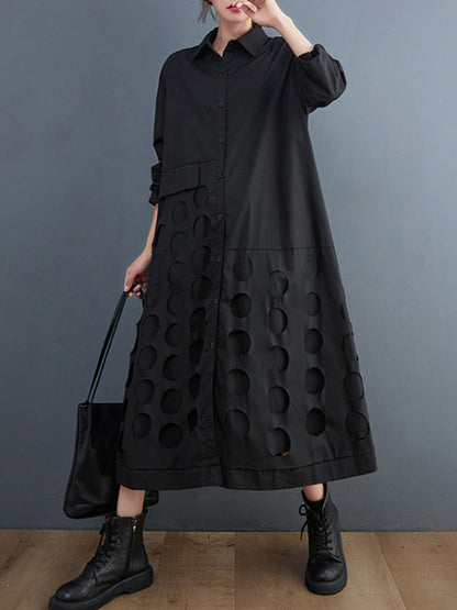 xakxx A-Line Long Sleeves Asymmetric Hollow Polka-Dot Solid Color Lapel Midi Dresses