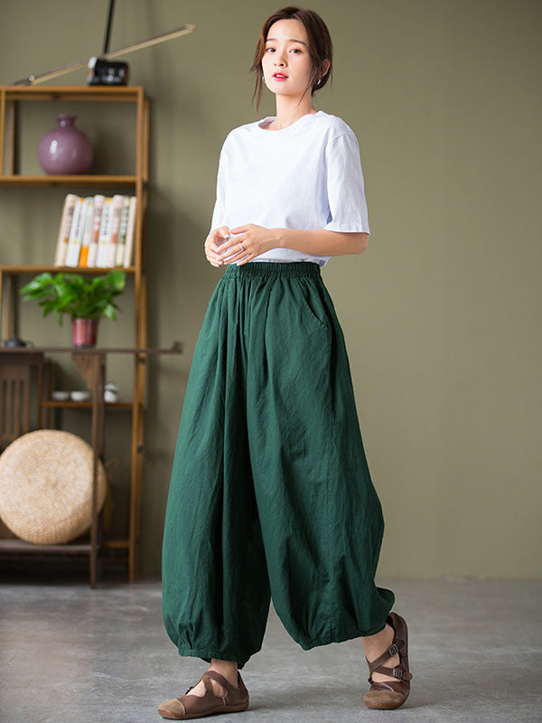 xakxx Simple Loose Linen Solid Color Pleated Drawstring Wide Legs Knickerbockers